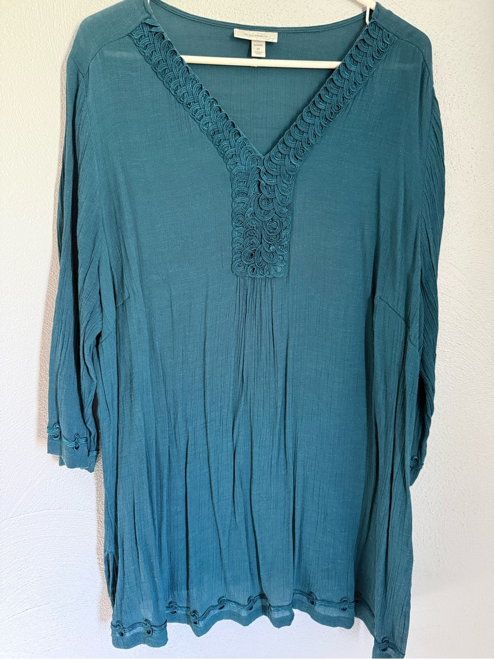 Dress Barn Emerald Crochet V-Neck Sheer Tunic
